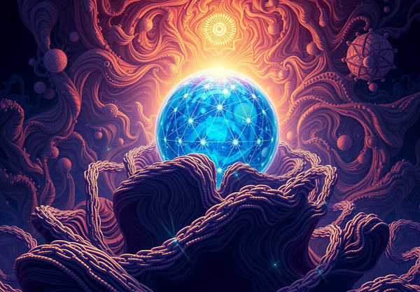 An overseer giant orb, surrounded in benevolent chains of trust is observing DNS TXT records, surreal swirling visuals with beautiful fractal illustration
